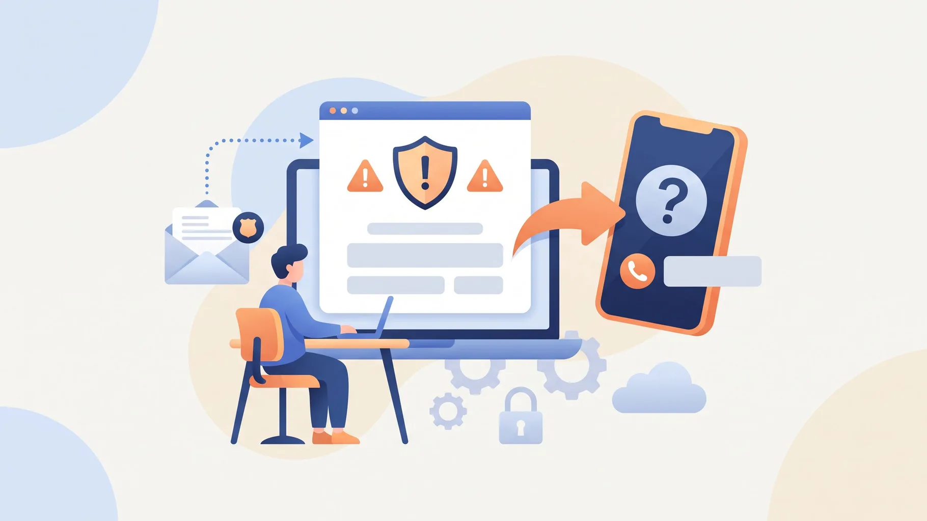 Illustratie van iemand die een waarschuwingsmail over boilerroomfraude leest naast een telefoon met een onbekend nummer