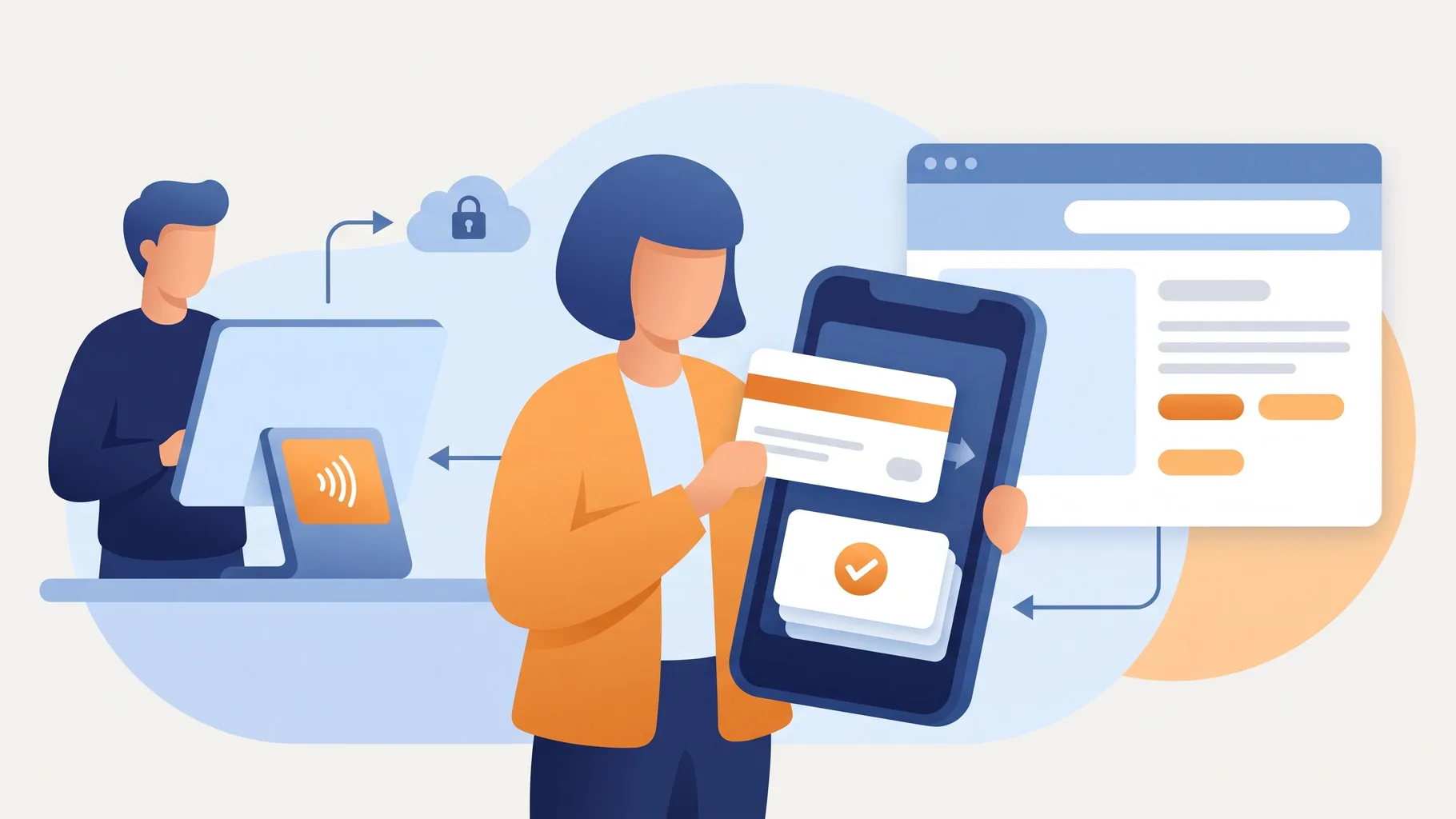 Illustratie van een oplichter die met zijn telefoon contactloos afrekent met een gestolen creditcard in een digitale wallet