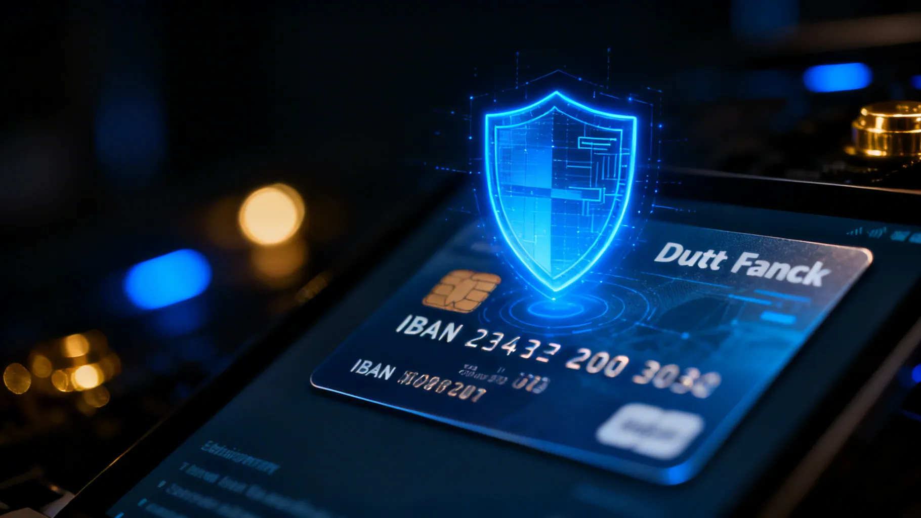 Illustratie van een IBAN-nummer met een verificatie-checkmark en waarschuwingssymbool