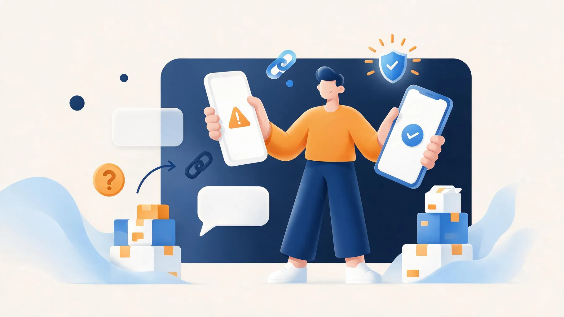 Illustratie van een smartphone met een verdachte sms-melding over een pakket en een vergrootglas boven de link